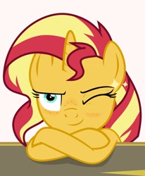 Size: 2253x2736 | Tagged: safe, artist:katakiuchi4u, edit, edited screencap, screencap, sunset shimmer, pony, unicorn, equestria girls, crossed arms, female, freckles, looking at you, mare, one eye closed, smiling, solo, wink
