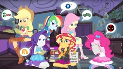 Size: 1920x1076 | Tagged: safe, edit, edited screencap, editor:leonidus, screencap, applejack, fluttershy, pinkie pie, rainbow dash, rarity, sunset shimmer, equestria girls, equestria girls series, the finals countdown, 4chan, blushing, browser history, deadpool, dialogue, disappointed, disapproval, e621, funny, furaffinity, geode of empathy, geode of shielding, geode of super speed, geode of super strength, hiding, humane five, implied shipping, logo, looking at you, magical geodes, message, notebook, notepad, paper, pencil, rule 34