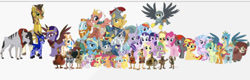 Size: 640x206 | Tagged: artist needed, source needed, safe, derpibooru import, apple bloom, applejack, cozy glow, flash magnus, fluttershy, gabby, gallus, meadowbrook, mistmane, ocellus, pinkie pie, rainbow dash, rarity, rockhoof, sandbar, scootaloo, silverstream, smolder, somnambula, spike, star swirl the bearded, starlight glimmer, stygian, sunset shimmer, sweetie belle, twilight sparkle, twilight sparkle (alicorn), yona, oc, oc:orange bloom, oc:zerbeins, alicorn, dragon, earth pony, griffon, hippogriff, pegasus, pony, unicorn, yak, chicken run, crossover, female, filly, male, mare, pillars of equestria, stallion, winged spike, wings