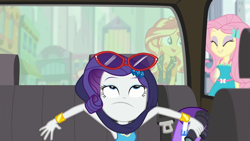 Size: 1920x1080 | Tagged: safe, screencap, fluttershy, rarity, sunset shimmer, better together, equestria girls, fomo, binoculars, bracelet, faic, female, geode of empathy, geode of fauna, hiding, jewelry, magical geodes, shawl, spying, sunglasses, taxi