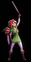 Size: 1770x3540 | Tagged: safe, artist:imafutureguitarhero, sunset shimmer, human, equestria girls, 3d, belt, black background, boots, cap, chromatic aberration, clothes, colored eyebrows, costume, crossover, elf hat, film grain, fingerless gloves, gauntlet, gloves, hat, hood, leather belt, leather boots, link, link's hat, link's tunic, master sword, mirror shield, multicolored hair, raised arm, shield, shoes, signature, simple background, solo, source filmmaker, strap, sword, the legend of zelda, the legend of zelda: ocarina of time, tights, tunic, weapon, windswept hair
