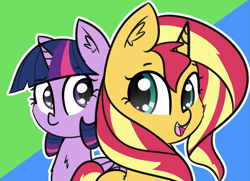 Size: 1979x1433 | Tagged: safe, artist:artiks, sunset shimmer, twilight sparkle, twilight sparkle (alicorn), alicorn, pony, unicorn, duo, female, looking at each other, looking back, mare, open mouth, simple background, smiling