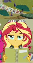 Size: 600x1139 | Tagged: safe, edit, edited screencap, screencap, king sombra, sunset shimmer, equestria girls, equestria girls series, the beginning of the end, the finals countdown, caption, image macro, sunset shimmer is not amused, text, unamused