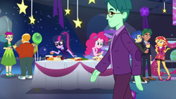 Size: 1280x720 | Tagged: safe, screencap, flash sentry, sci-twi, sunset shimmer, timber spruce, twilight sparkle, equestria girls, equestria girls series, twilight under the stars, spoiler:eqg series (season 2), background human, bald, balloon, clothes, converse, cosmo quark, cup, female, food, glasses, grassy knoll (character), high heels, legs, male, male pattern baldness, pants, ponytail, shoes, smiling, thick coat