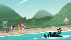 Size: 1280x720 | Tagged: safe, screencap, pinkie pie, sci-twi, sunset shimmer, timber spruce, twilight sparkle, better together, equestria girls, unsolved selfie mysteries, beach, clothes, feet, female, legs, lifeguard, lifeguard timber, male, swimsuit, water