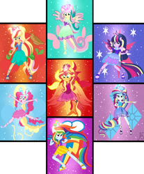 Size: 5159x6229 | Tagged: safe, artist:sparkling-sunset-s08, applejack, fluttershy, pinkie pie, rainbow dash, rarity, sunset shimmer, twilight sparkle, twilight sparkle (alicorn), alicorn, equestria girls, bracelet, clothes, colored wings, crown, cutie mark, cutie mark background, fiery wings, humane five, humane seven, humane six, jewelry, multicolored wings, phoenix wings, ponied up, pony ears, rainbow hair, rainbow power, rainbow power-ified, rainbow tail, rainbow wings, regalia, shoes, sunset phoenix, super ponied up, transformation, winged humanization, wings