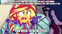 Size: 888x499 | Tagged: safe, screencap, sci-twi, sunset shimmer, twilight sparkle, equestria girls, angry, bojack horseman, exploitable meme, image macro, meme, sunset yells at twilight, text, vulgar