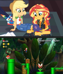 Size: 471x549 | Tagged: safe, edit, screencap, applejack, rainbow dash, sunset shimmer, turtle, better together, equestria girls, the finals countdown, blocks, coin, gamer sunset, koopa shell, mario, new super mario bros., new super mario bros. u, new super mario bros. u deluxe, nintendo, pipe (plumbing), piranha plant, sunset gamer, super mario bros., turtle shell, warp pipe