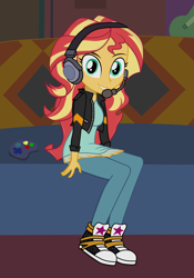 Size: 2800x4000 | Tagged: safe, artist:tabrony23, sunset shimmer, better together, equestria girls, game stream, clothes, controller, converse, cute, headphones, jacket, looking at you, pants, shoes, sitting, smiling, sneakers, sofa, solo, sunset gamer