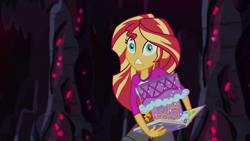 Size: 1920x1080 | Tagged: safe, screencap, sunset shimmer, equestria girls, legend of everfree, book, cake, cave, clothes, crystal gala, faic, food, journal, shock, shorts, solo