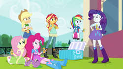 Size: 1280x717 | Tagged: safe, artist:red4567, edit, edited screencap, editor:slayerbvc, screencap, applejack, fluttershy, pinkie pie, rainbow dash, rarity, spike, spike the regular dog, sunset shimmer, dog, dance magic, equestria girls, spoiler:eqg specials, accessory-less edit, cooler, female, male, missing accessory, on back, sitting