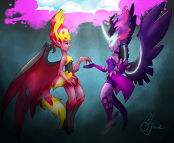 Size: 1280x1051 | Tagged: safe, artist:croquines, midnight sparkle, sci-twi, sunset satan, sunset shimmer, twilight sparkle, equestria girls, friendship games, boots, clothes, dimensional cracks, duo, duo female, female, fingerless gloves, gloves, glowing horn, high heel boots, looking at each other, midnightsatan, signature, smiling, wings