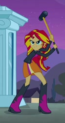 Size: 475x892 | Tagged: safe, screencap, sunset shimmer, equestria girls, equestria girls (movie), animation error, boots, clothes, ear piercing, earring, hammer, high heel boots, jacket, jewelry, leather jacket, piercing, skirt, sledgehammer, smiling, solo, statue