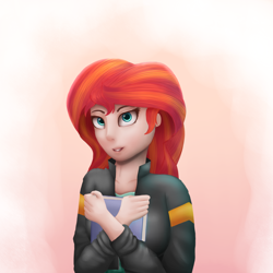 Size: 2000x2000 | Tagged: safe, artist:vanillaghosties, sunset shimmer, human, book, clothes, equestria girls outfit, humanized, jacket, leather jacket, simple background, smiling, solo