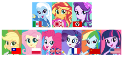 Size: 2680x1252 | Tagged: safe, applejack, fluttershy, pinkie pie, rainbow dash, rarity, starlight glimmer, sunset shimmer, trixie, twilight sparkle, equestria girls, china, eqg flag-tag meme, france, hetalia, italy, japan, japanese empire, mane six, nazi germany, poland, republic of china, soviet union, starlight himmler, taiwan, united kingdom, united states