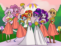 Size: 1280x960 | Tagged: safe, artist:rarijack-countrycouture, applejack, fluttershy, pinkie pie, rainbow dash, rarity, sci-twi, sunset shimmer, twilight sparkle, series:sciset diary, equestria girls, blushing, clothes, dress, female, humane five, humane seven, humane six, lesbian, looking at each other, marriage, scitwishimmer, shipping, sunsetsparkle, wedding, wedding dress