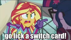 Size: 1920x1080 | Tagged: safe, edit, edited screencap, screencap, sci-twi, sunset shimmer, twilight sparkle, equestria girls, friendship games, angry, discovery family logo, exploitable meme, image macro, meme, nintendo switch, pointing, sunset yells at twilight