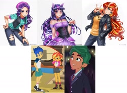 Size: 1731x1272 | Tagged: safe, artist:racoonsan, edit, screencap, flash sentry, starlight glimmer, sunset shimmer, timber spruce, twilight sparkle, equestria girls, legend of everfree, converse, counterparts, female, horned humanization, male, shipping, shoes, straight, timbertwi, twilight's counterparts