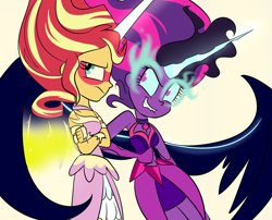 Size: 1024x828 | Tagged: safe, artist:wubcakeva, midnight sparkle, sci-twi, sunset shimmer, twilight sparkle, equestria girls, bare shoulders, breasts, cleavage, clothes, crossed arms, daydream shimmer, dress, duo, evening gloves, female, fingerless gloves, gloves, glowing horn, large wings, lip bite, long gloves, looking away, nudge nudge, sleeveless, smiling, strapless, sunset shimmer is not amused, unamused, wings