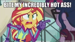 Size: 600x337 | Tagged: safe, edit, edited screencap, screencap, sci-twi, sunset shimmer, twilight sparkle, equestria girls, friendship games, angry, bender bending rodriguez, discovery family logo, exploitable meme, futurama, image macro, meme, sunset yells at twilight, vulgar