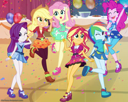 Size: 1379x1098 | Tagged: safe, artist:charliexe, applejack, fluttershy, pinkie pie, rainbow dash, rarity, sunset shimmer, equestria girls, friendship games, bracelet, canterlot high, clothes, confetti, cowboy hat, cup, cute, dress, eyes closed, female, food, freckles, hat, high heels, leg focus, leggings, legs, mary janes, miniskirt, necktie, one eye closed, open mouth, pantyhose, punch (drink), punch bowl, raised leg, salad, school spirit, schrödinger's pantsu, shoes, show accurate, skirt, skirt lift, stetson, streamers, wink, wristband