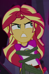 Size: 402x598 | Tagged: safe, screencap, sunset shimmer, equestria girls, legend of everfree, bondage, i've seen enough hentai to know where this is going, solo, tied up, vine