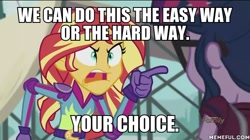 Size: 600x337 | Tagged: safe, edit, edited screencap, screencap, sci-twi, sunset shimmer, twilight sparkle, equestria girls, friendship games, angry, caption, exploitable meme, image macro, meme, sunset yells at twilight