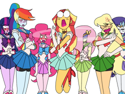 Size: 640x480 | Tagged: safe, artist:miraculousyandere, artist:the-75th-hunger-game, applejack, fluttershy, pinkie pie, rainbow dash, rarity, sunset shimmer, twilight sparkle, equestria girls, abuse, applejerk, baka, blushing, booty shorts, clothes, compression shorts, cross-popping veins, faic, humane five, humane seven, humane six, inner senshi, magical girl, magical girl outfit, mane six, sailor moon, sailor senshi, sailor uniform, scene interpretation, shimmerbuse, slap, spanking, sweatdrop, uniform, uwaahh, vein bulge