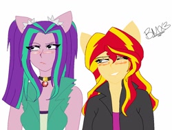 Size: 1024x768 | Tagged: safe, artist:brickercupmasterx3, aria blaze, sunset shimmer, equestria girls, rainbow rocks, blushing, eared humanization, ears, female, height difference, lesbian, shipping, sunblaze