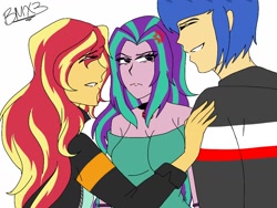 Size: 1024x768 | Tagged: safe, artist:brickercupmasterx3, aria blaze, flash sentry, sunset shimmer, equestria girls, bisexual, blushing, clothes, female, flashimmerblaze, heart, lesbian, lineart, polyamory, propositioning, shipping, skirt, sunblaze