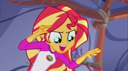 Size: 1100x618 | Tagged: safe, screencap, sunset shimmer, equestria girls, legend of everfree, clothes, open mouth, solo, tent