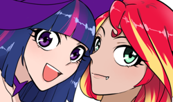 Size: 572x338 | Tagged: safe, artist:extraluna, sunset shimmer, twilight sparkle, vampire, equestria girls, cute, fangs, female, halloween, halloween costume, hat, human coloration, lesbian, looking at you, nightmare night, shipping, simple background, sunsetsparkle, twiabetes, witch, witch hat