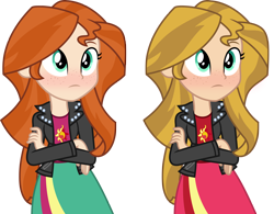 Size: 2400x1869 | Tagged: artist needed, safe, edit, sunset shimmer, equestria girls, blonde, blonde hair, clone, clothes, crossed arms, freckles, ginger, human coloration, realism edits, recolor, redhead, simple background, solo, sunset ginger, transparent background, vector, vector edit