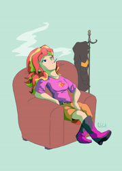 Size: 1772x2480 | Tagged: safe, artist:0ndshok, sunset shimmer, equestria girls, boots, breasts, chair, clothes, female, high heel boots, human coloration, jacket, leather jacket, relaxing, shorts, sitting, smoking, solo