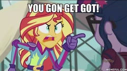 Size: 600x337 | Tagged: safe, edit, edited screencap, screencap, sci-twi, sunset shimmer, twilight sparkle, equestria girls, friendship games, angry, exploitable meme, image macro, meme, sunset yells at twilight, wwe