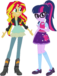 Size: 425x562 | Tagged: safe, artist:ra1nb0wk1tty, sci-twi, sunset shimmer, twilight sparkle, equestria girls, boots, bowtie, clothes, glasses, high heel boots, high heels, jacket, leather jacket, mary janes, ponytail, shoes, simple background, skirt, socks