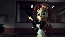 Size: 1920x1080 | Tagged: safe, artist:razethebeast, sunset shimmer, equestria girls, 3d, clothes, gun, looking at you, serious, serious face, shotgun, solo, source filmmaker, spas-12, weapon