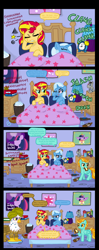 Size: 1050x2640 | Tagged: safe, artist:ficficponyfic, gilda, lightning dust, sunset shimmer, trixie, griffon, pegasus, pony, unicorn, alcohol, bed, beer, candle, comic, female, ficficponyfic you magnificent bastard, gildust, hangover, implying, lesbian, mare, morning after, pillow, shipping, suntrix