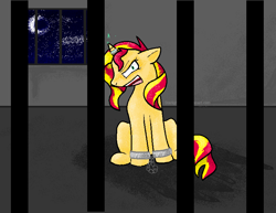 Size: 784x604 | Tagged: safe, artist:starlightmist, sunset shimmer, pony, cuffs, horn ring, magic suppression, prison, shackles, solo