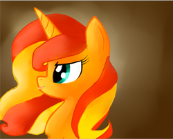 Size: 593x477 | Tagged: safe, artist:starluzbrony, sunset shimmer, pony, unicorn, abstract background, bust, female, mare, open mouth, smiling, solo