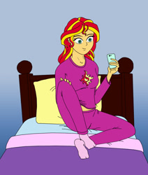 Size: 1149x1354 | Tagged: safe, artist:strawberryjuice, sunset shimmer, equestria girls, bed, clothes, feet, pajamas, phone, socks, solo