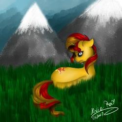 Size: 1000x1000 | Tagged: safe, artist:egyptin, sunset shimmer, pony, unicorn, floppy ears, grass, meadow, mountain, on side, solo