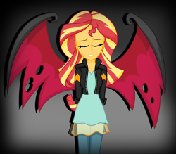 Size: 3432x3001 | Tagged: safe, artist:deannaphantom13, sunset satan, sunset shimmer, equestria girls, clothes, eyes closed, female, gradient background, jacket, leather jacket, pant, sad, solo