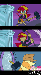 Size: 400x727 | Tagged: safe, artist:rvceric, applejack, fluttershy, pinkie pie, sunset shimmer, earth pony, pegasus, pony, equestria girls, equestria girls (movie), abuse, clothes, comic, cowboy hat, hammer, hat, jackabuse, magic mirror, mirror, ouch, parody, portal, reality ensues, scene parody, sledgehammer, stetson, swinging, tongue out, truth