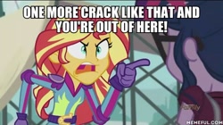 Size: 600x337 | Tagged: safe, edit, edited screencap, screencap, sci-twi, sunset shimmer, twilight sparkle, equestria girls, friendship games, angry, caption, exploitable meme, image macro, meme, spongebob squarepants, squilliam returns, sunset yells at twilight