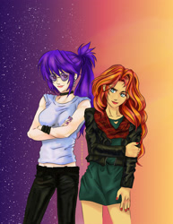 Size: 2550x3302 | Tagged: safe, artist:satou2612, sunset shimmer, oc, oc:moonlight, human, canon x oc, clothes, female, humanized, lesbian, pants, skirt, stars, tanktop, twilight (astronomy)