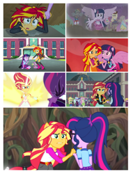 Size: 708x944 | Tagged: safe, screencap, applejack, fluttershy, indigo zap, lemon zest, midnight sparkle, neon lights, pinkie pie, rainbow dash, rarity, rising star, sci-twi, spike, sugarcoat, sunny flare, sunset shimmer, twilight sparkle, twilight sparkle (alicorn), alicorn, dog, equestria girls, equestria girls (movie), friendship games, legend of everfree, my past is not today, boots, camp everfree outfits, canterlot high, cowboy boots, crystal prep shadowbolts, daydream shimmer, fall formal outfits, hand, high heel boots, holding hands, implied lesbian, implied scitwishimmer, implied shipping, implied sunsetsparkle, mane seven, mane six, microphone, ponied up, ponytail, sparkles, spike the dog, sun, welcome to the show