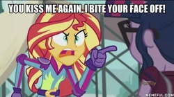 Size: 600x337 | Tagged: safe, edit, edited screencap, screencap, sci-twi, sunset shimmer, twilight sparkle, equestria girls, friendship games, angry, caption, exploitable meme, image macro, meme, sunset yells at twilight, zootopia