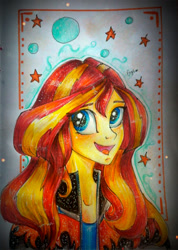 Size: 768x1080 | Tagged: safe, artist:enjal, sunset shimmer, equestria girls, clothes, female, jacket, leather jacket, solo, traditional art