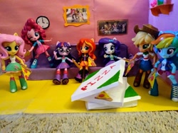 Size: 1040x780 | Tagged: safe, artist:wesleyabram, applejack, fluttershy, pinkie pie, rainbow dash, rarity, sunset shimmer, twilight sparkle, equestria girls, doll, equestria girls minis, eqventures of the minis, food, glasses, humane five, humane seven, humane six, irl, photo, pizza, toy